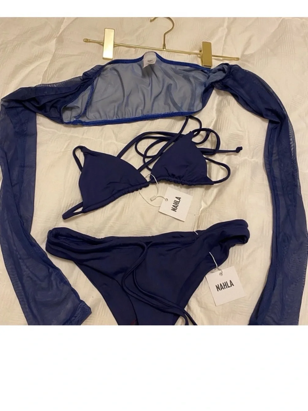 💙🤍 NAHLA Navy Triangle Bikini Set with Sheer Long Sleeve Cover